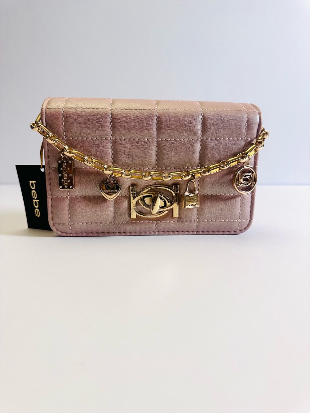 NWT BEBE Jacari Iridescent Mauve Quilted Charm Crossbody Bag ✨